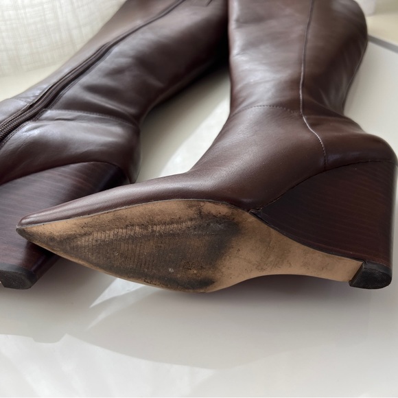 Nine West Sz 7 Varin Wide Calf Brown Leather Wood Wedge Knee High Boots - Picture 7 of 15